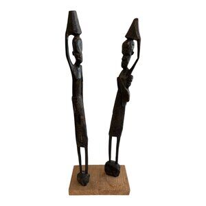 Vtg Hand-Carved Wooden Sculpture – African Tribal Figures Carrying Vessels, 15”